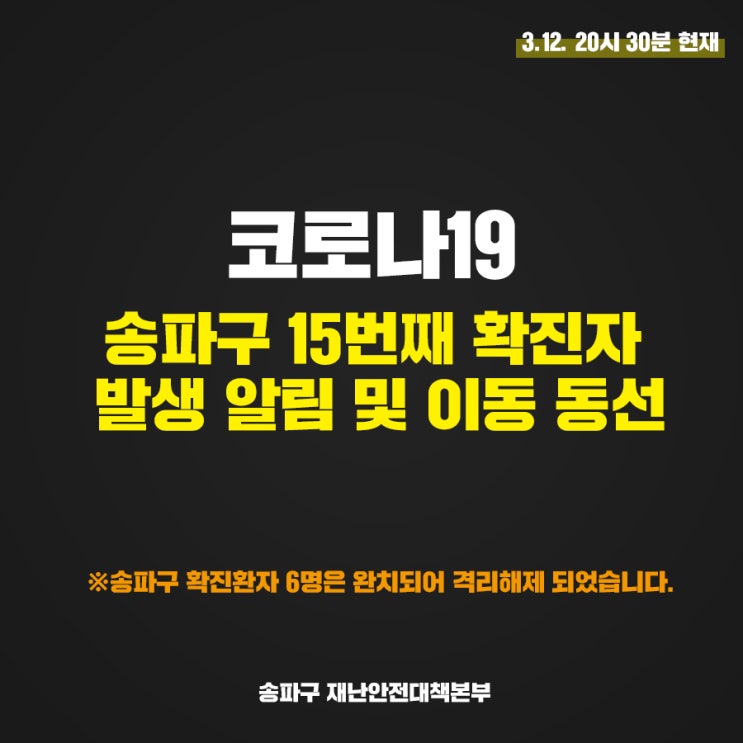 서울 송파구 15번 코로나19 확진자, 이동동선 및 이동경로 안내 (송파구청 홈페이지 참고)