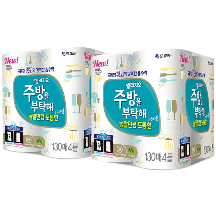  모나리자 주방을부탁해 놀랄만큼도톰한 3겹 천연펄프 키친타올 130매, 4개입, 2개