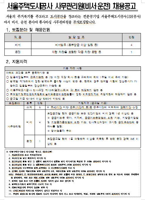  [채용][서울주택도시공사] 사무관리원(비서,운전) 채용공고