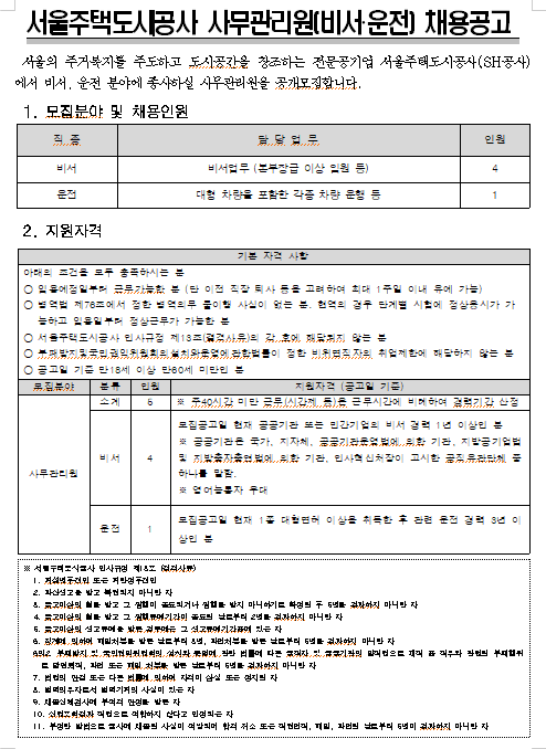 [채용][서울주택도시공사] 사무관리원(비서,운전) 채용공고