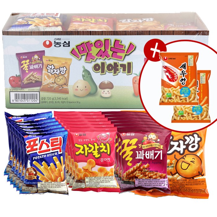  <최저가>농심 맛있는 이야기 780g 과자세트스낵모음 과자세트, 1세트, 새우깡30gx2+포스틱30gx6+자갈치30gx6+꿀꽈배기30gx6+감자깡30gx6 꿀정보예요~