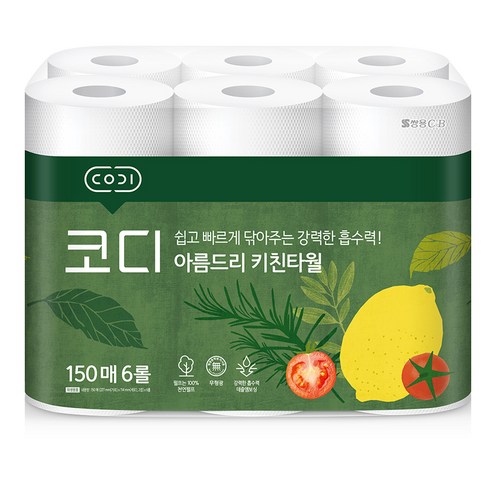  키친타올 아주 좋은 코디 아름드리 천연펄프 키친타올 150매, 6개입, 1개 세일정보 