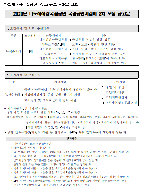  [채용][국립공원공단] [다도해] 2020년 다도해해상국립공원 국립공원지킴이 3차 모집 공고