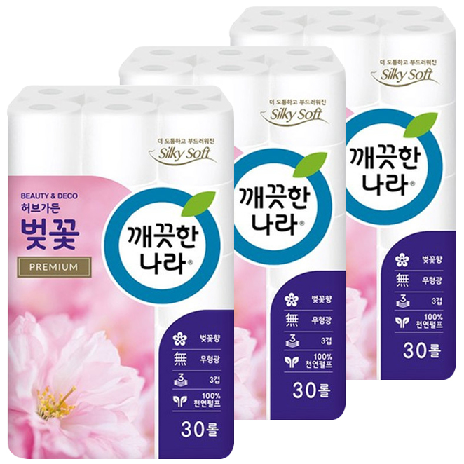 깨끗한나라 허브가든 벚꽃 프리미엄 천연펄프 3겹 롤화장지 27m, 30롤, 3팩 추천해요 깨끗한나라 허브가든 벚꽃 프리미엄 천연펄프 3겹 롤화장지 27m, 30롤, 3팩 추천해요