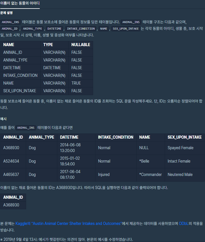 프로그래머스[SQL] - 이름이 없는 동물의 아이디