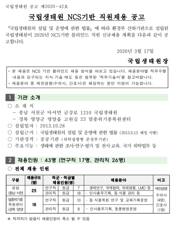 [채용][국립생태원] NCS기반 직원채용 공고