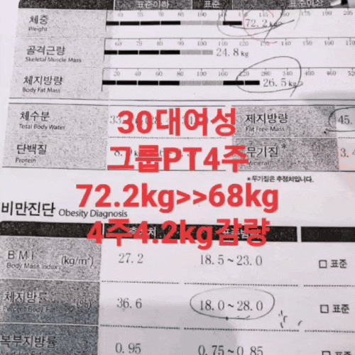  30대여성 전포동그룹pt피티 4주다이어트 후기 72.2KG>>68KG