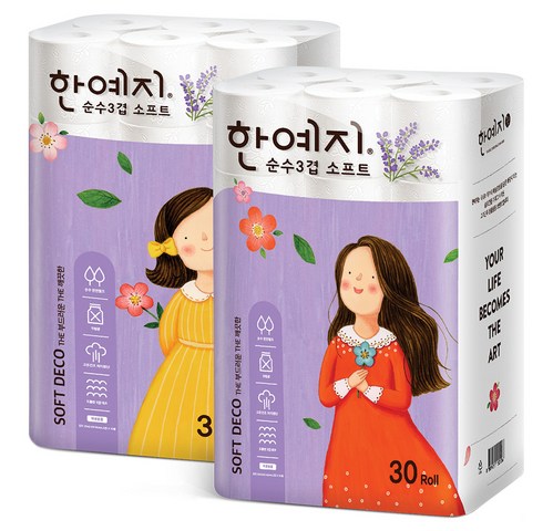  고급롤화장지(3겹이상) 핫템 한예지 순수 3겹 소프트 천연펄프 화장지 25m, 30롤, 2팩 BEST