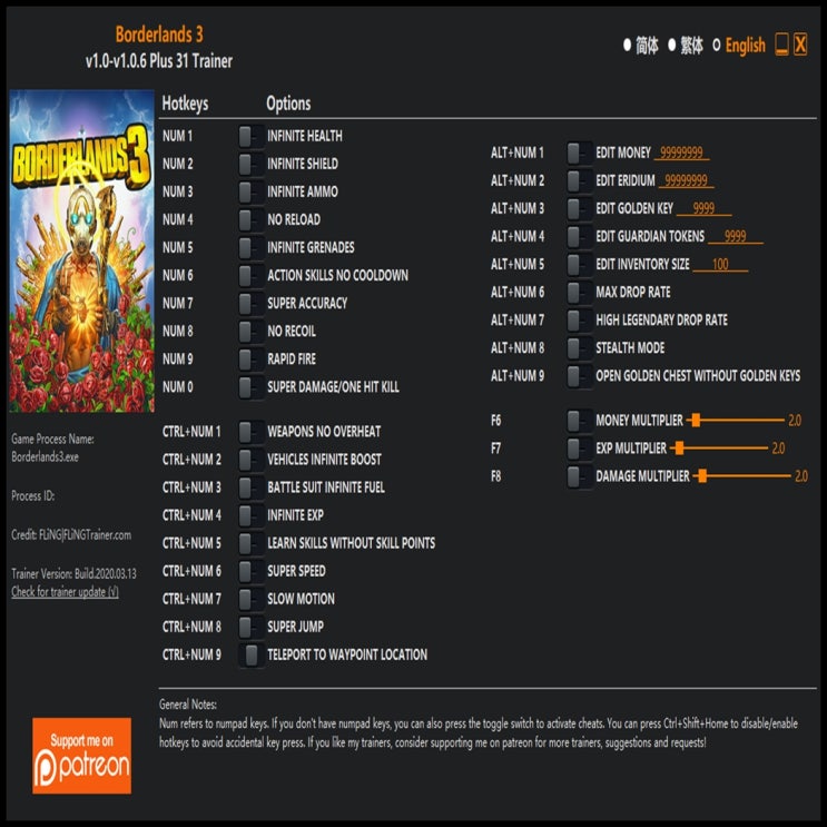  200314-보더랜드 3 트레이너 (Borderlands 3 Trainer v1.0-v1.0.6 +31)3DM