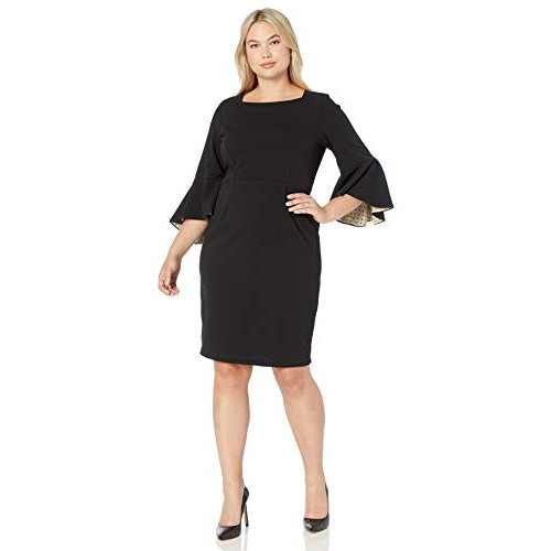 Gabby Skye Womens Plus Size 3/4 Bell Sleeve Round Neck Midi Sheath Dress 추천해요