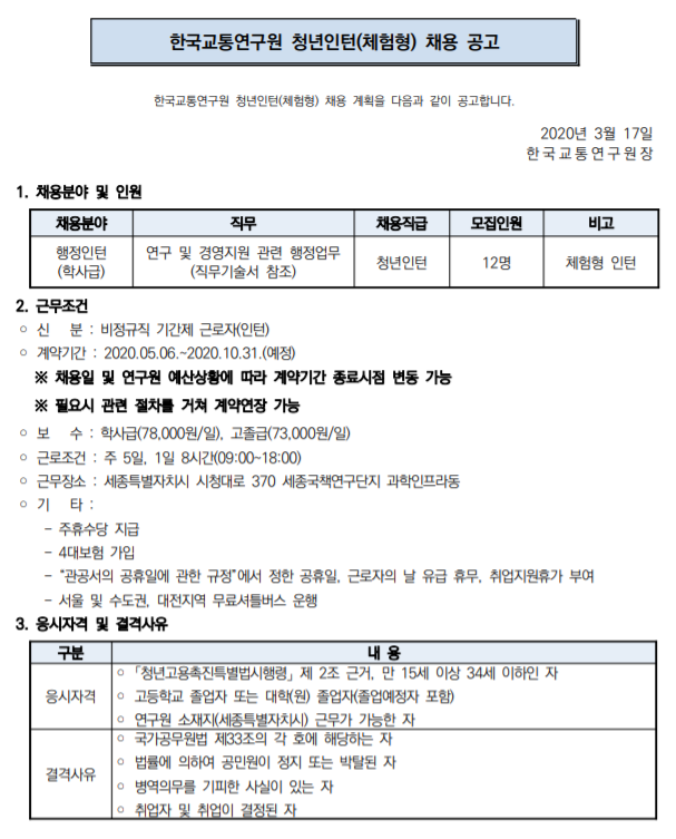 [채용][한국교통연구원] 2020년 청년인턴(체험형) 채용 공고