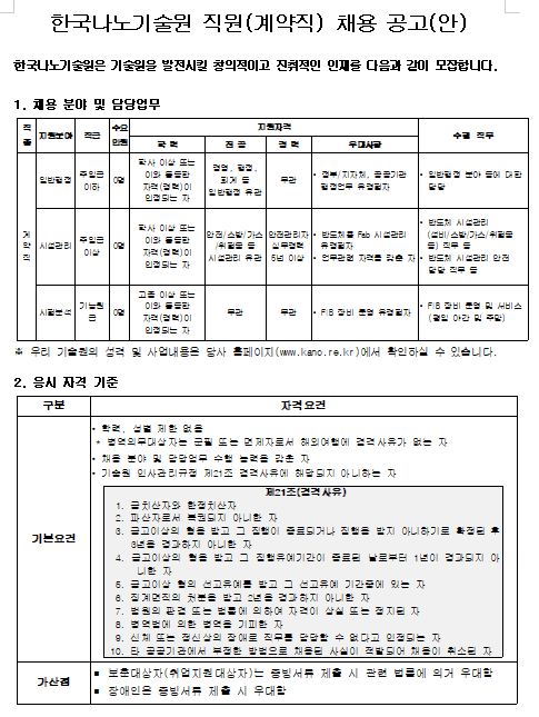  [채용][한국나노기술원] 직원(계약직) 채용공고