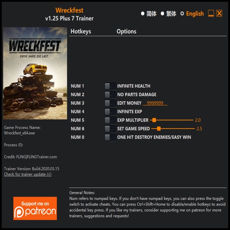  200316-렉페스트 트레이너 (Wreckfest Trainer v1.25 +7)3DM