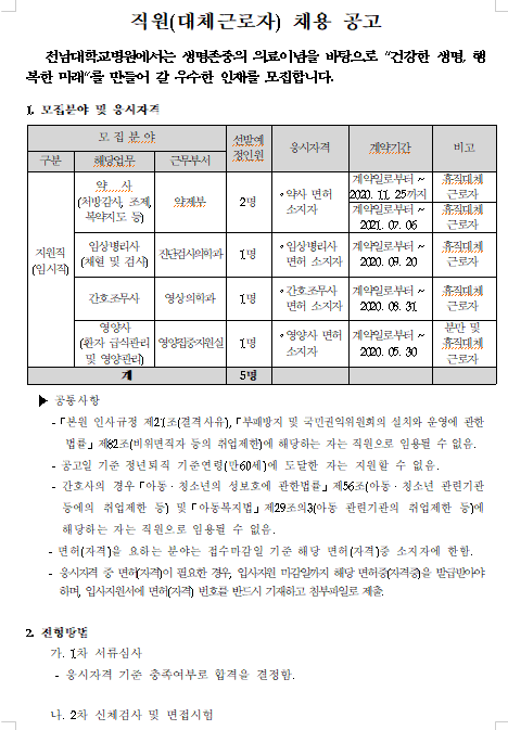 [채용][전남대학교병원] 직원(지원직-임시직) 채용 공고