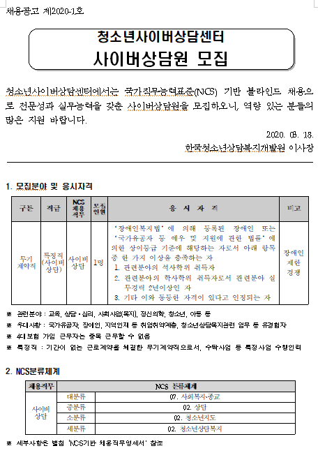  [채용][한국청소년상담복지개발원] 청소년사이버상담센터 사이버상담원 모집(채용공고 제2020-1호)
