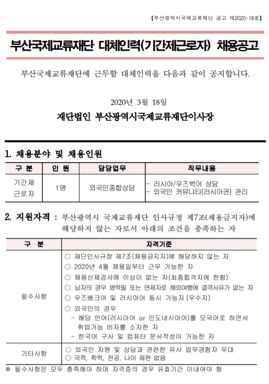 [채용][부산국제교류재단] 직원(기간제근로자) 채용공고