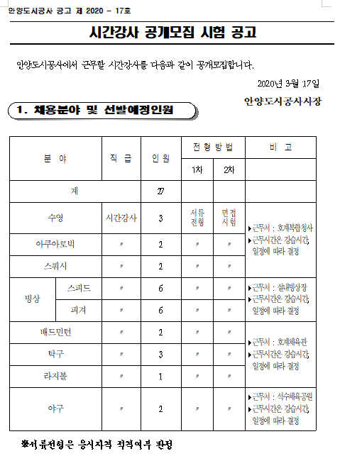 [채용][안양도시공사] 2020년 시간강사 공개채용 시험공고