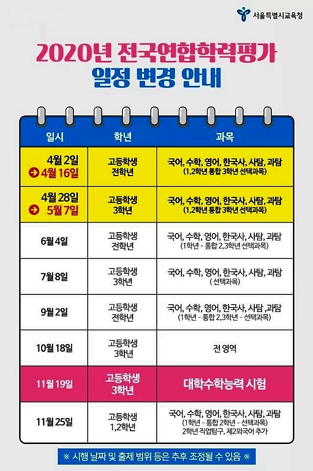  부천 상동 수학 과학 학원   3월 18일 현재 2020전국 연합학력평가 일정 변경 및 학사일정 변경