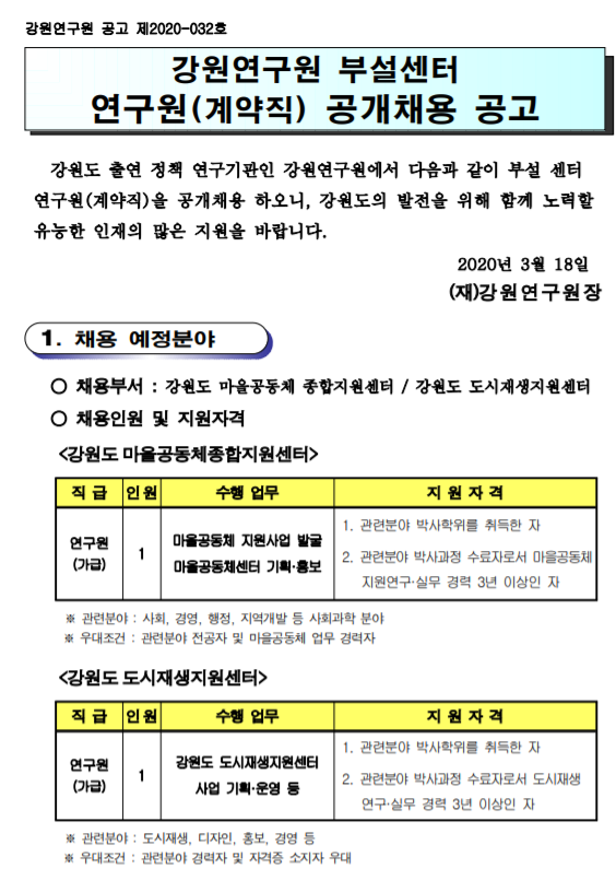  [채용][강원연구원] 2020년 제2차 부설센터 연구원(계약직) 공개채용 공고 - 접수 창구