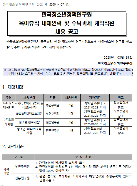  [채용][한국청소년정책연구원] [채용공고 2020-07호] 육아휴직 대체인력 및 수탁과제 계약직원 채용 공고