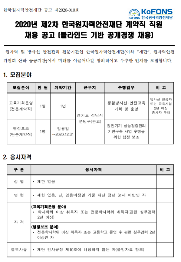  [채용][한국원자력안전재단] 2020년 제2차 계약직 직원 채용 공고