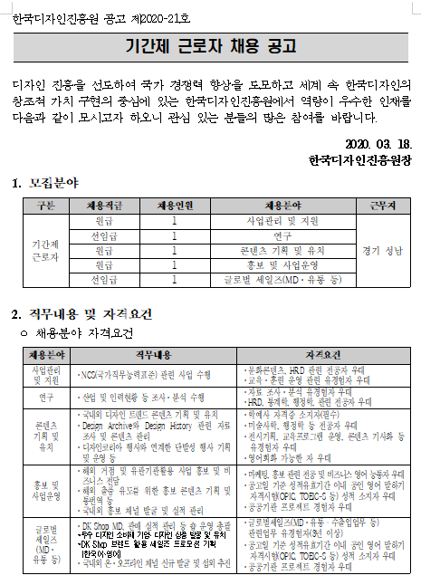  [채용][한국디자인진흥원] 기간제 근로자 채용 공고