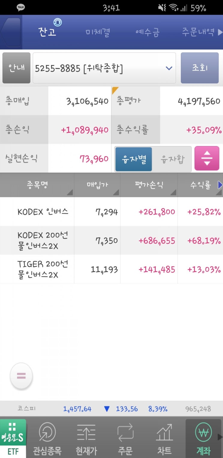  3월 19일 목요일 증권 분석 - 달러 ETF 청산, 인버스2X 비중 높임