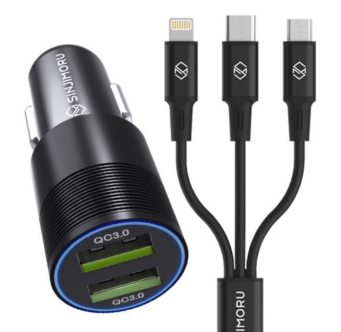 스마트폰용 대박 좋은 신지모루 듀얼포트 차량용 USB 3.0 충전시거잭 + 메두사 3in1 멀티 충전 케이블 0.7m, 시거잭(혼합 색상), 케이블(블랙) 스펙 