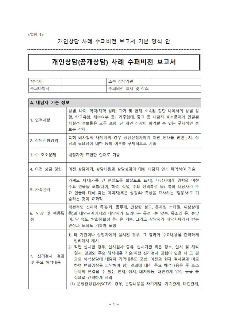 개인상담(공개상담) 사례개념화 수퍼비전보고서