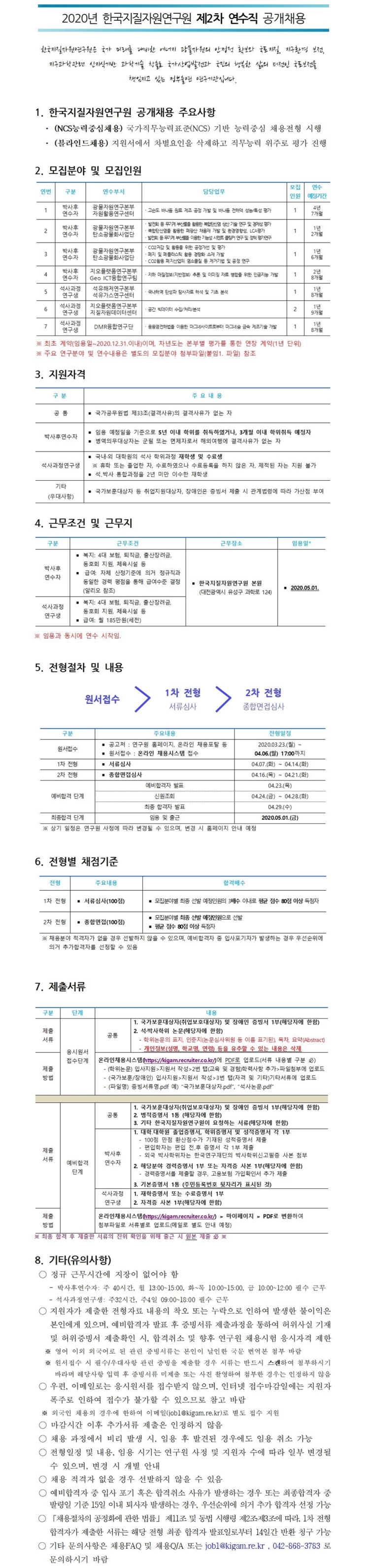  [채용][한국지질자원연구원] 2020년 제2차 연수직(박사후연수자, 학생연구원) 공개채용