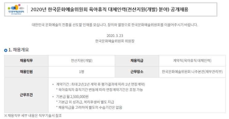 [채용][한국문화예술위원회] 2020년 육아휴직 대체인력(전산지원(개발) 분야) 공개채용