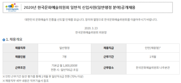 [채용][한국문화예술위원회] 2020년 일반직 신입사원(일반행정 분야)공개채용