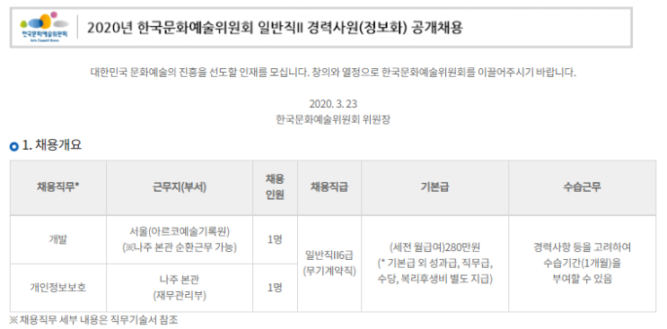  [채용][한국문화예술위원회] 2020년 일반직II 경력사원(정보화) 공개채용
