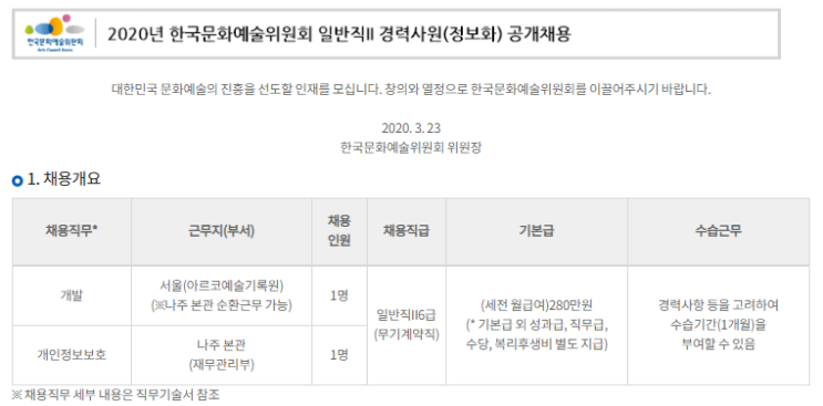 [채용][한국문화예술위원회] 2020년 일반직II 경력사원(정보화) 공개채용