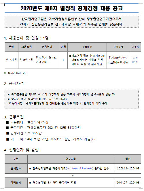  [채용][한국전기연구원] 2020년도 제8차 별정직 공개경쟁 채용 공고