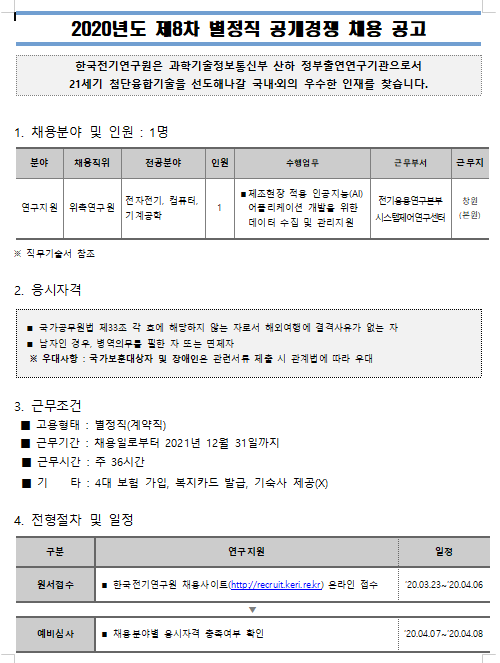 [채용][한국전기연구원] 2020년도 제8차 별정직 공개경쟁 채용 공고