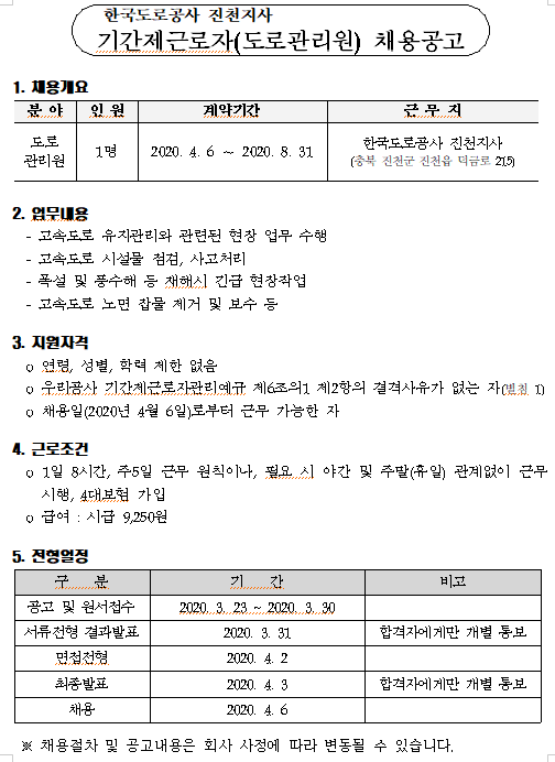  [채용][한국도로공사] 진천지사 기간제근로자(도로관리원) 채용공고