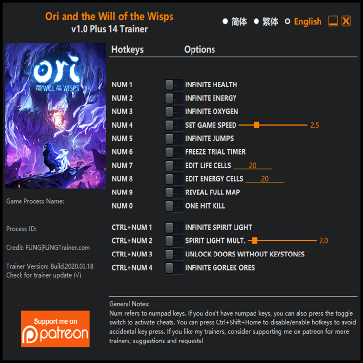  200319-오리와 도깨비불 트레이너 (Ori and the Will of the Wisps Trainer v1.0 +14)3DM