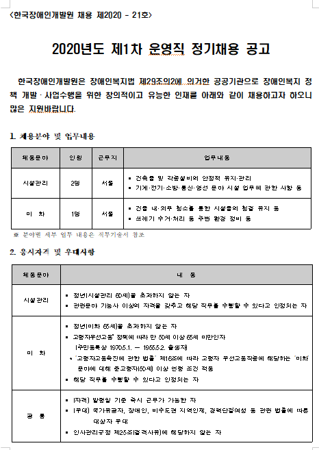  [채용][한국장애인개발원] 2020년도 제1차 운영직 정기채용 공고