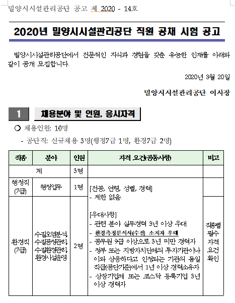  [채용][밀양시시설관리공단] 2020년 직원 공채 시험 공고