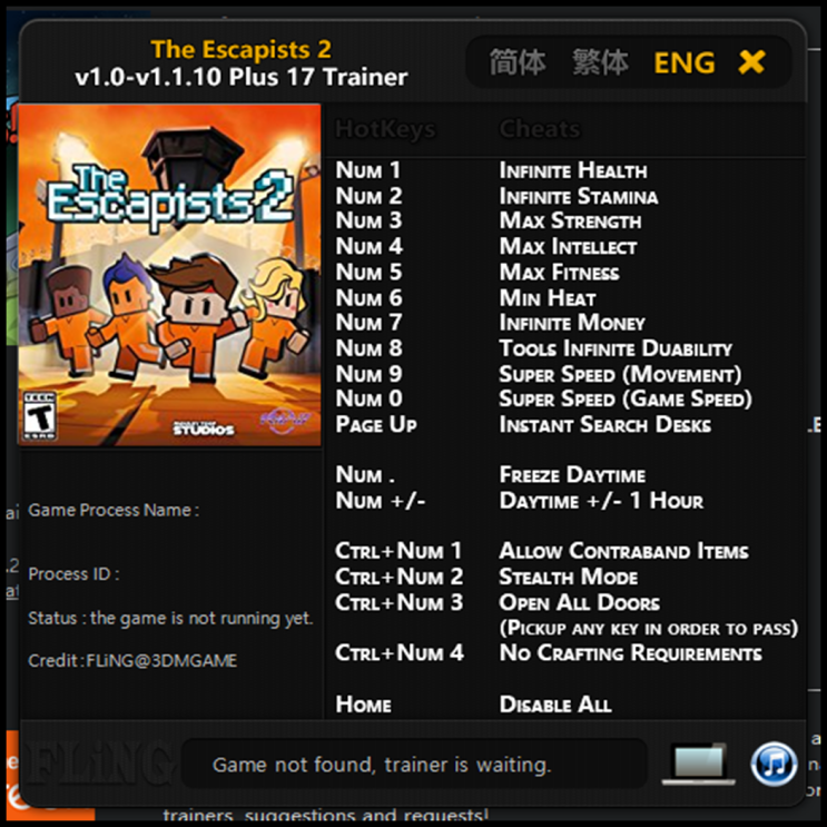  200322-더 이스케이피스트 2 트레이너 (The Escapists 2 Trainer v1.0-v1.1.10 +17)3DM