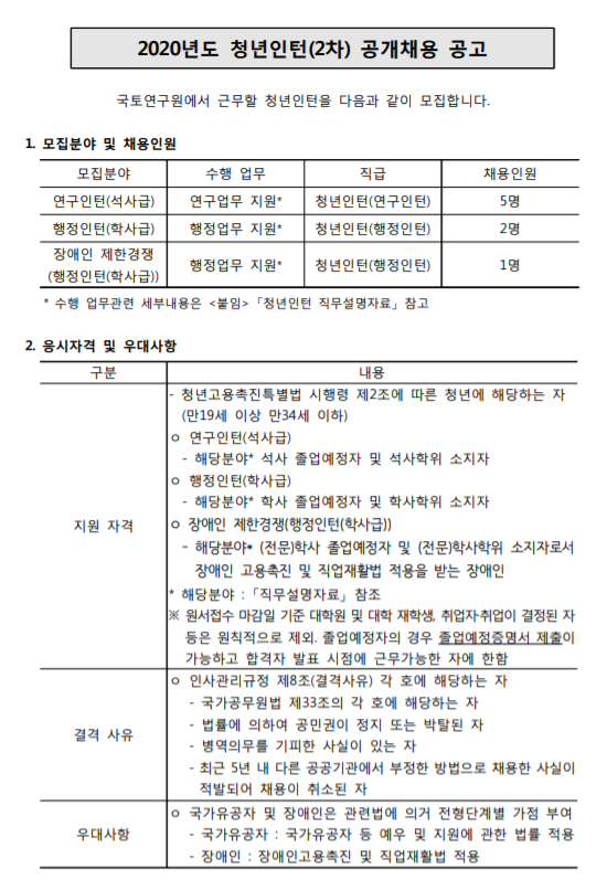  [채용][국토연구원] 2020년도 청년인턴(2차) 공개채용