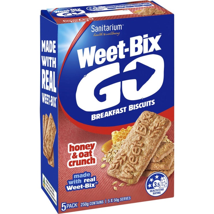 Weet Bix 위트빅스 호주 건강 곡물바 GO 시리즈 - 허니 & 오트 크런키맛 50g x 5개, 1개 추천해요