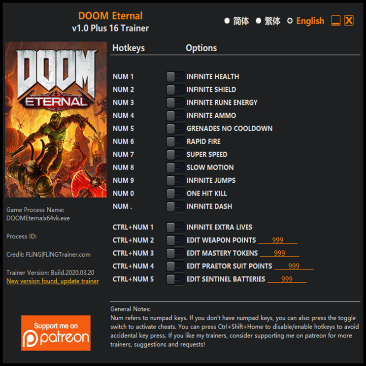  200321-둠 이터널 트레이너 (DOOM Eternal Trainer v1.0 +16)3DM