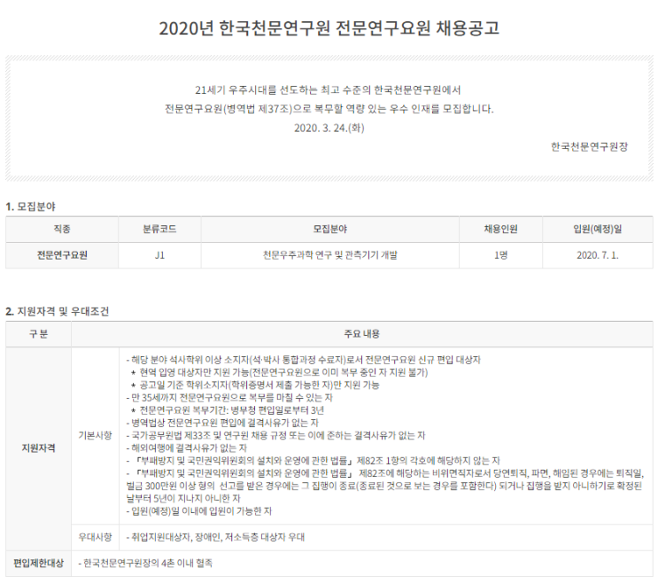 [채용][한국천문연구원] 2020년 전문연구요원 채용공고