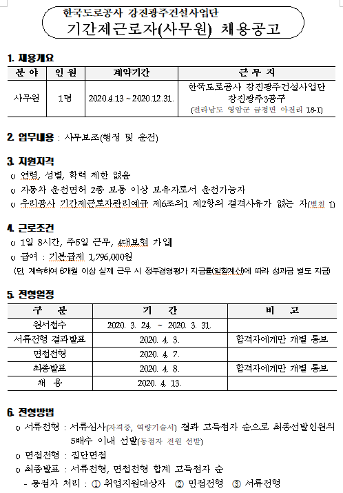  [채용][한국도로공사] 강진광주건설사업단 기간제근로자(사무원) 채용 공고