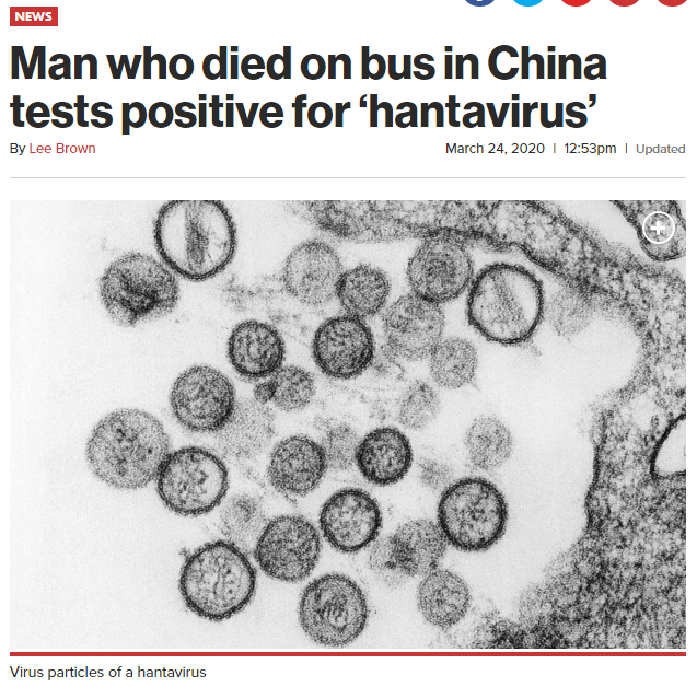 이 와중에 중국에 새로운 바이러스 등장, 한타바이러스 양성반응