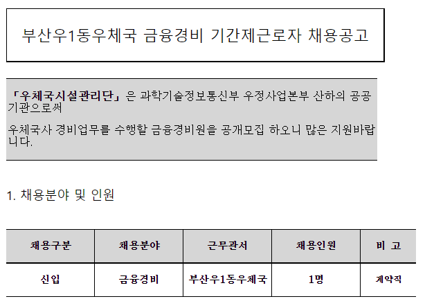  [채용][우체국시설관리단] 부산우1동우체국 금융경비(기간제, 대체) 채용공고