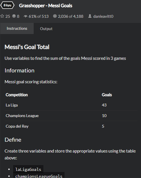  [CodeWars] Grasshopper - Messi Goals