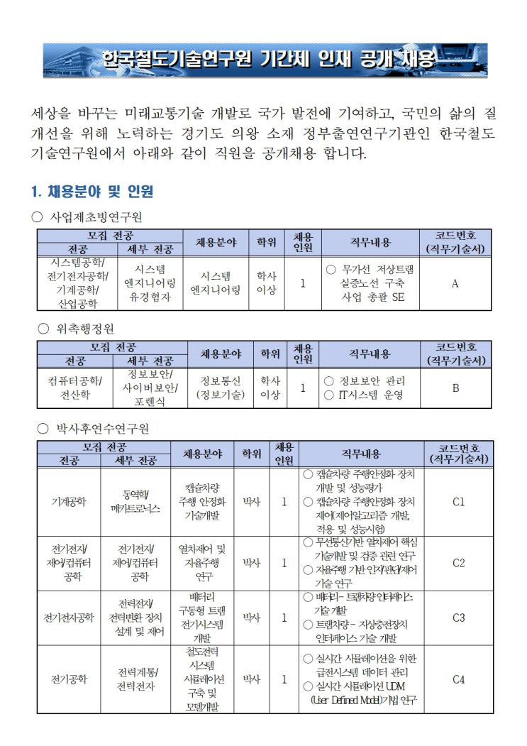  [채용][한국철도기술연구원] 기간제 인재 채용 안내
